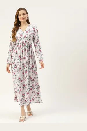 BRINN White & Pink Floral Print Puff Sleeves Maxi Dress