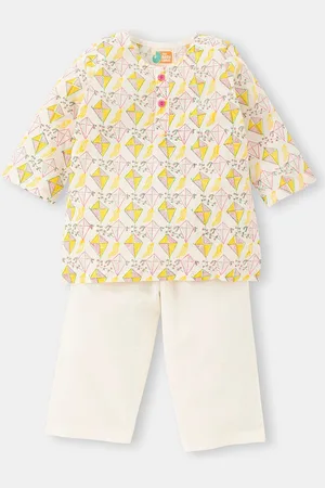 THE BABY LABEL Kids Yellow Spring Day Kites Hand-Block Print Pure Cotton Kurta Pyama Set