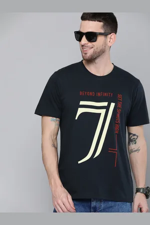 HERE&NOW HERENOW Men Navy Blue Printed Round Neck Pure Cotton T-shirt