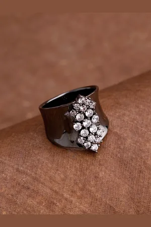 Voylla Women Black Rhodium-Plated White Cz Stone-Studded Finger Ring