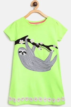 Cherry Crumble Girls Fluorescent Green Self Design A-Line Dress with Applique Detail