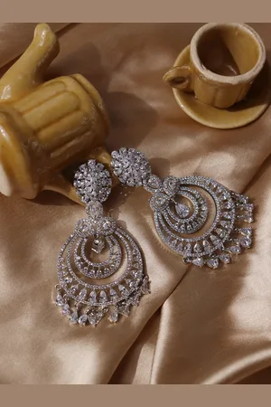 CURIO COTTAGE White Rhodium-Plated Contemporary Chandbali Earrings