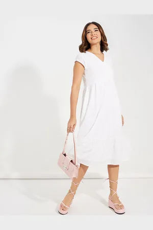 Styli Women V-Neck Schiffli A-line Embroidered Midi Dress