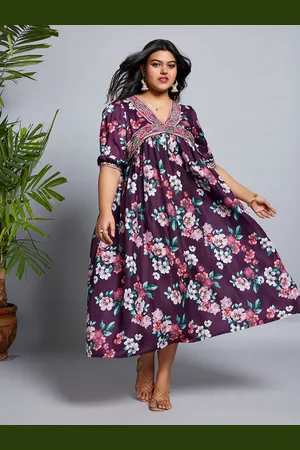 Globus Glo Women Plus Size V-Neck Puff Sleeves Floral Printed Empire Midi Dress