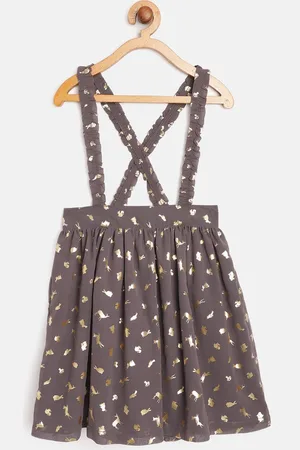 Cherry Crumble Girls Taupe & Golden Printed Pinafore Dress