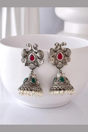 Dastoor Silver-Plated Dome Shaped Stone Studded & Beaded Jhumkas