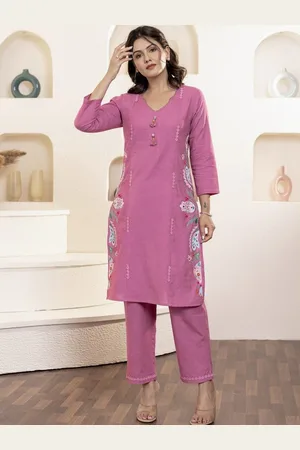 AUTUMN LANE Women Floral Embroidered Regular Thread Work Pure Cotton Kurta with Trousers