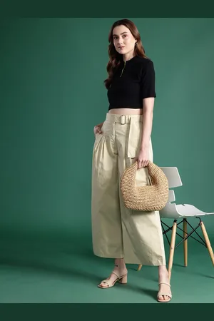 DressBerry Women Pure Cotton Flared High-Rise Pleated Belted Trousers