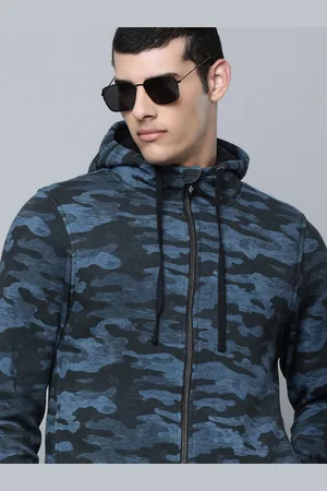 Skechers Men Navy Blue Camouflage Print Skech-Sweats Lounge Sher Hooded Sweatshirt