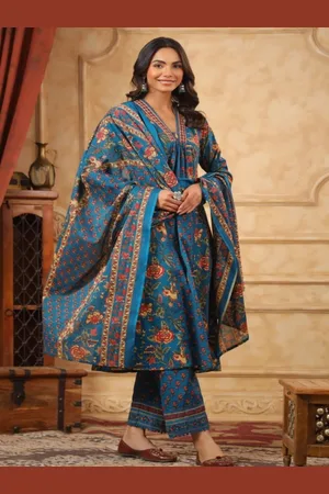 AUTUMN LANE Women Floral Printed Regular Pure Cotton Kurta with Trousers & With Dupatta