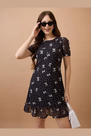 Globus Women Black Polka Dots Round Neck Short Puff Sleeves Fit & Flare Mini Dress
