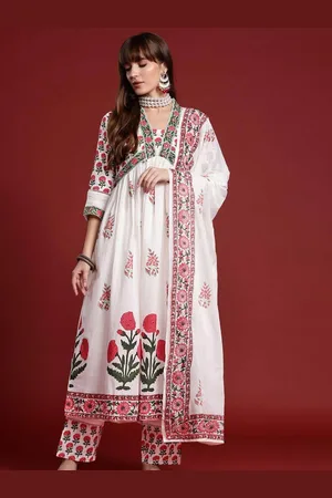 AUTUMN LANE Women Floral Printed Regular Pure Cotton Kurta with Trousers & With Dupatta