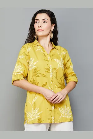 Lifestyle Floral Printed Shirt Collar Roll Up Sleeves Tunic