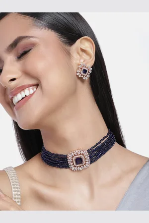 ESTELE Rose Gold Plated CZ Square Choker Necklace Set with Navy Blue Beads for Women