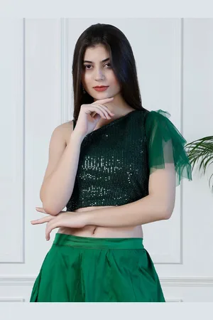 NEUDIS Embellished One Shoulder Flutter Sleeve Blouson Crop Top