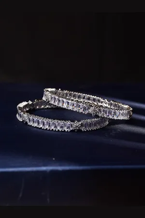 Bamboo Tree Jewels Set of 2 Silver -Plated American Diamond Studded Bangles