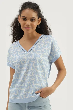 Benetton Conversational Printed V-Neck Extended Sleeves Pure Cotton Top