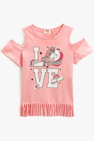 Koton Girls Typography Printed Cold Shoulder Sleeve Cotton Regular Top