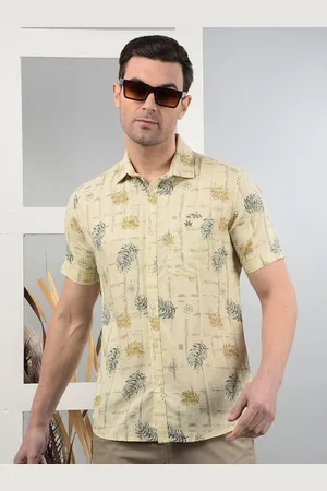 Crimsoune Club Men Classic Slim Fit Spread Collar Floral Printed Cotton Casual Shirt