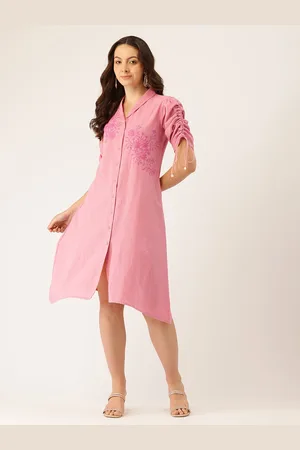 MISRI Floral Embroidered Puff Sleeve Shift Dress with Tie Up Sleeves