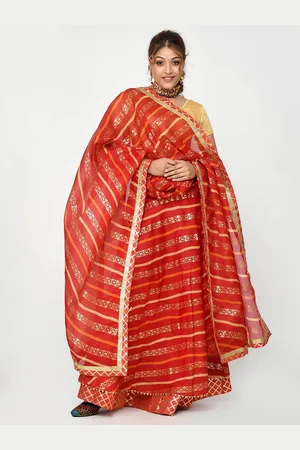 Kesarya Women Red & Gold-Toned Embellished Khari Print Ready to Wear Lehenga & Unstitched Blouse With Dupatta
