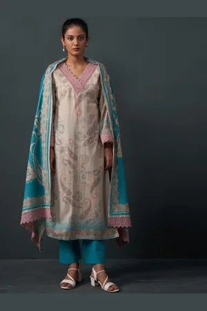 AUTUMN LANE Ethnic Motifs Printed V-Neck Pure Cotton Kurta With Trouser And Dupatta