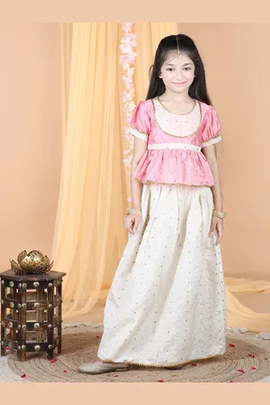 Cutiekins Girls Woven Design Puff Sleeve Ready to Wear Silk Lehenga & Blouse