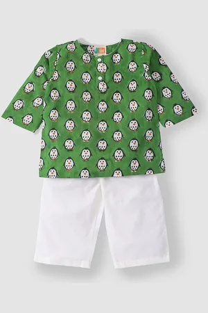 THE BABY LABEL Kids Green & White Hand-Block Penguin Print Kurta Pajama Set