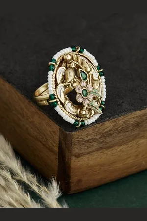 ATIBELLE Gold-Plated Kundan Studded & Beaded Finger Ring
