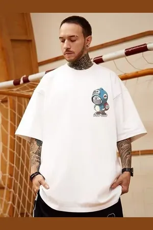 HERE&NOW Men Doraemon Graphic Printed Round Neck Cotton Oversized T-shirt