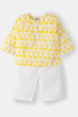 THE BABY LABEL Unisex Kids Yellow & White Hand-Block Giraffe Print Pure Cotton Kurta with Pyjamas