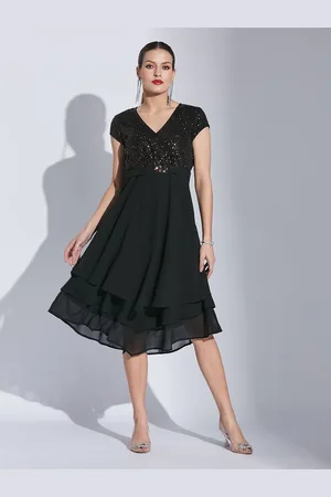 Latin Quarters Women V-Neck Embellished Layered Fit & Flare Midi Dress