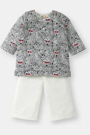 THE BABY LABEL Unisex Black & White Hand-Block Zebra Print Kurta Pajama Set