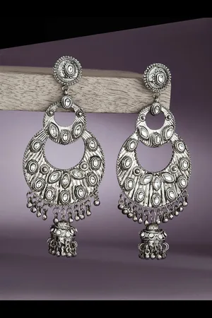 ATIBELLE Silver-Plated Kundan-Studded Contemporary Chandbalis