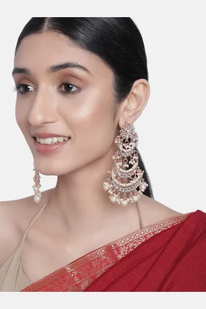I Jewels Rose Gold-Plated & Off-White Kundan-Studded Crescent Shaped Chandbalis Earrings