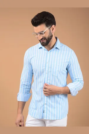 Crimsoune Club Men Classic Spread Collar Vertical Striped Cotton Slim Fit Casual Shirt