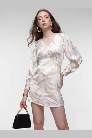 French Connection Tropical Print V-Neck Cuffed Sleeves Satin A-Line Dress