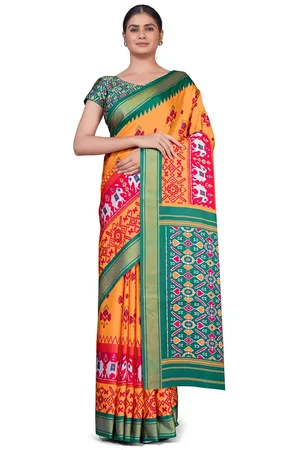 MONJOLIKA FASHION Mustard & Green Ethnic Motifs Zari Silk Blend Banarasi Saree