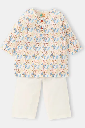 THE BABY LABEL Kids Blue Spring Day Kites Hand-Block Pure Cotton Kurta Pajama Set