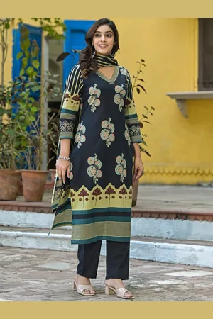 AUTUMN LANE Floral Printed V-Neck Pure Cotton Straight Kurta With Trouser And Dupatta