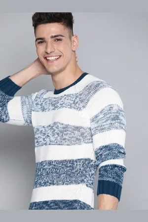 Mast & Harbour Men White & Teal Blue Striped Pullover