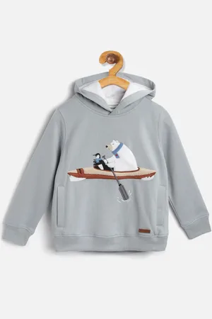 Cherry Crumble Boys Sky Blue Applique River Fun Hooded Sweatshirt
