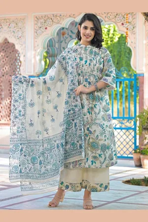 AUTUMN LANE Women Floral Printed Regular Pure Cotton Kurta with Palazzos & With Dupatta