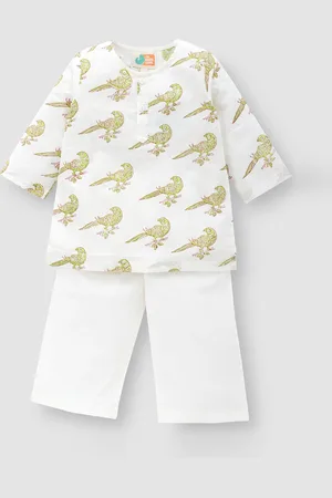 THE BABY LABEL Kids Green Pure Cotton Hidustani Tota Hand-Block Printed Kurta Pyjama Set