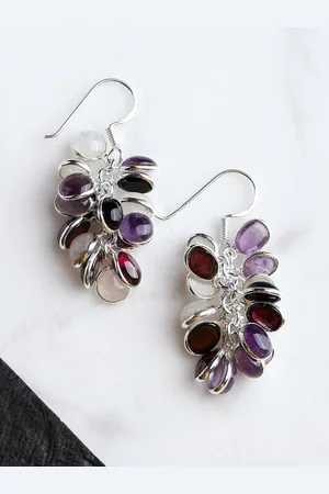 Exotic India Garnet, Moonstone & Amethyst Gemstone Sterling Silver Bunch Earrings
