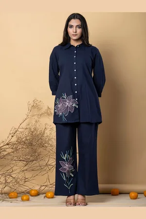 AUTUMN LANE Floral Embroidered Shirt Collar Pure Cotton Shirt With Trouser