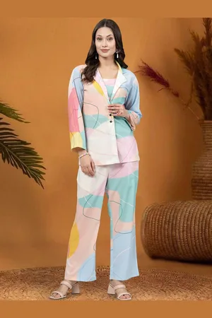 Moda Rapido Abstract Printed Round Neck Top With Trousers & Blazer