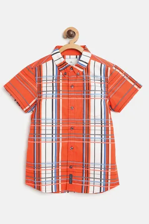Cherry Crumble Boys Coral Orange & White Regular Fit Checked Casual Shirt