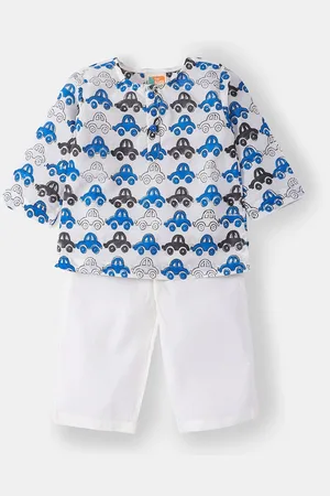 THE BABY LABEL Kids Blue Vroom Vroom Pure Cotton Hand-Block Kurta Pyjama