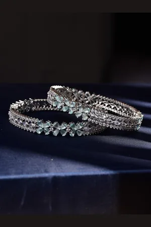 Bamboo Tree Jewels Set Of 2 Silver-Plated American Diamond Studded Bangles